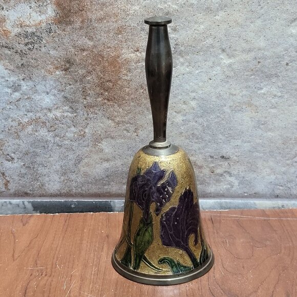 Vintage Solid Brass Bell Cloisonne Enamel Flower Design - Picture 1 of 9